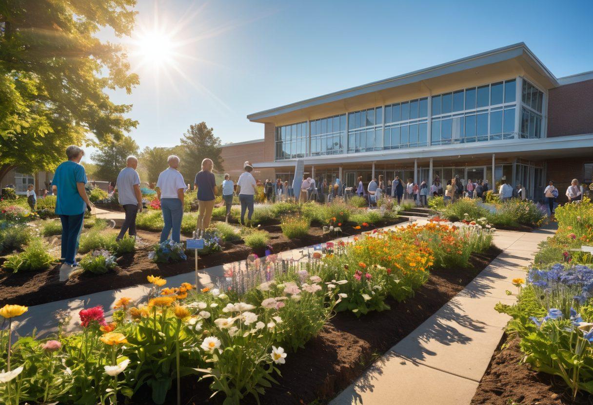 A serene scene depicting a diverse group of people from various ages and backgrounds, united in a community garden, planting flowers that symbolize hope and resilience. In the background, a subtle representation of a hospital and wellness center can be seen, with a bright sun shining through a clear blue sky. Include elements of awareness ribbons and wellness symbols integrated into the garden, reflecting empowerment and support. soft pastel colors. 3D style.