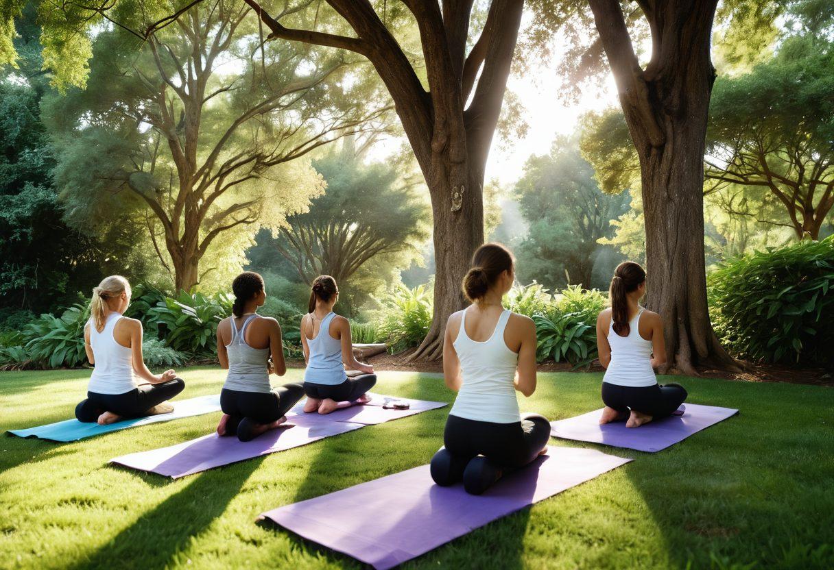 A serene scene featuring a diverse group of individuals participating in a yoga class outdoors, surrounded by lush greenery and soft sunlight streaming through the trees. In the foreground, symbols of holistic care like essential oils and herbal remedies are gently placed beside yoga mats. The mood is peaceful and uplifting, capturing the essence of transformation and wellness in cancer care. soft focus. vibrant colors. super-realistic.