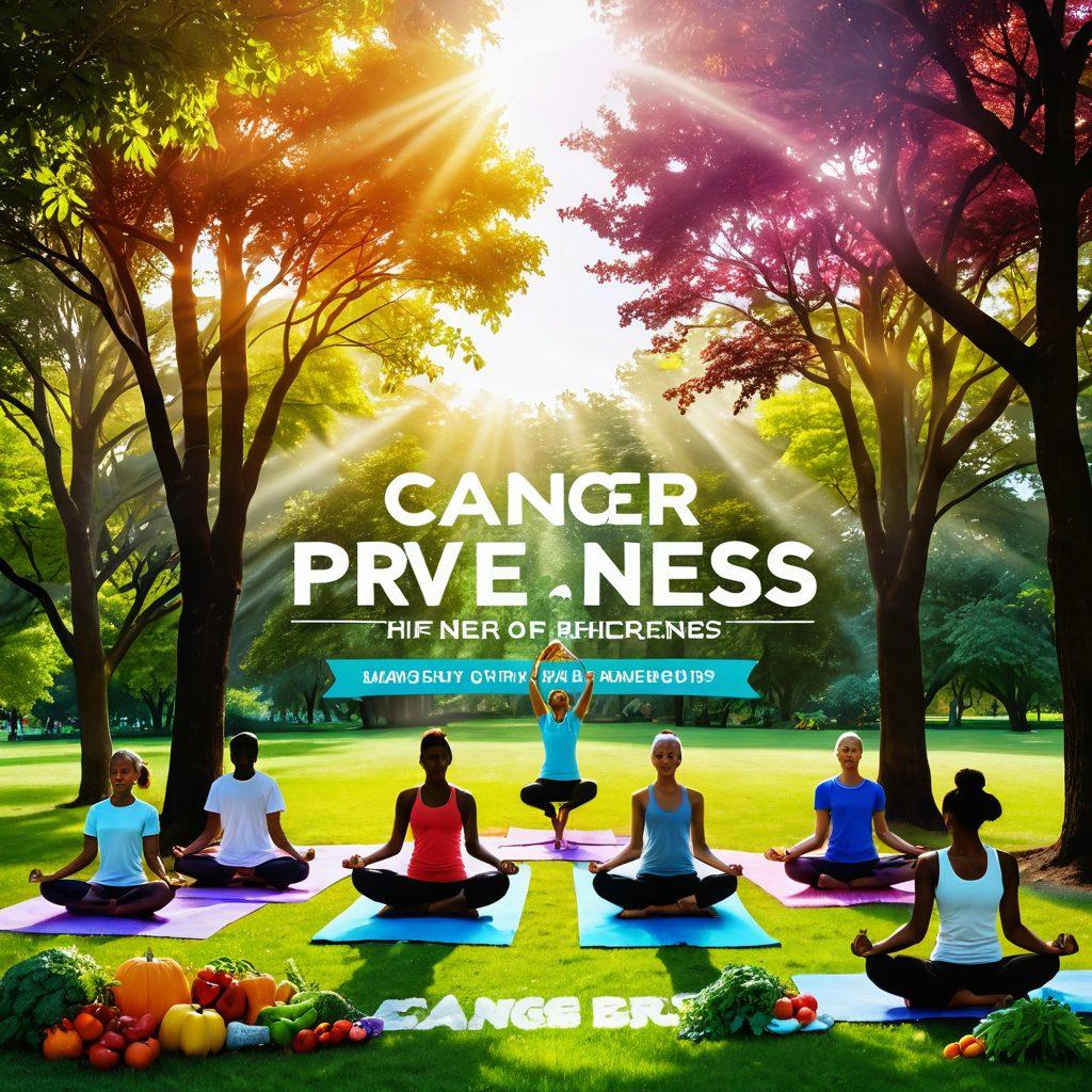 A serene scene depicting diverse individuals practicing healthy habits in a lush park, with visuals of fruits and vegetables around, a banner displaying 'Cancer Prevention & Wellness' in vibrant colors, and rays of sunlight filtering through trees. The background features people engaging in yoga, jogging, and sharing healthy recipes, symbolizing community support and awareness. super-realistic. vibrant colors. peaceful atmosphere. natural setting.